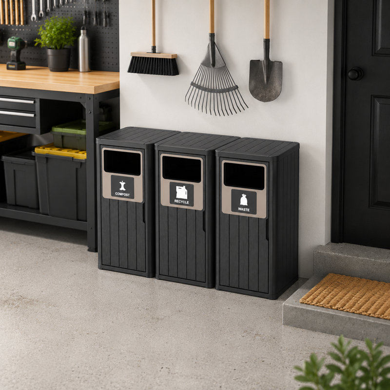 Outdoor Three Barrel Trash Can with Garbage Labels