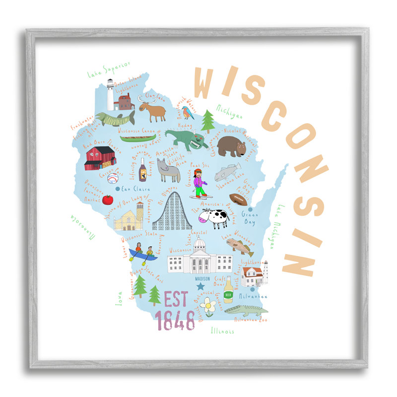 Au-616, estampe numérique Wisconsin Sights Landmark Doodles, impression, H 12 po x l 12 po x P 1,5 po