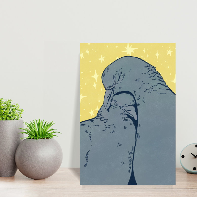 Cuddling Pigeons Under Stars Dreamy Peaceful Abstract Bird Landscape Nature Wall Art Print by Katariina Kosunen - Print