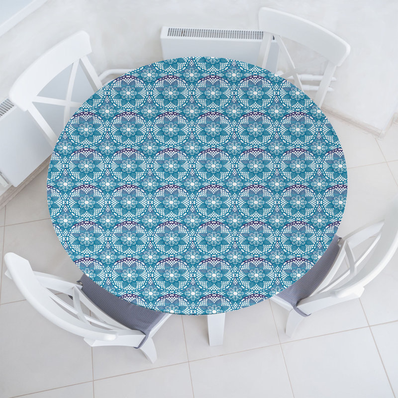 East Urban Home Floral Fitted Round Tablecloth Indigo Sea Blue 112834, 51.97'' Round