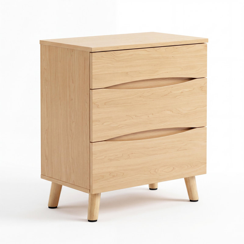 Table de chevet avec trois tiroirs, table de bout avec rangement et structure simple, Natural