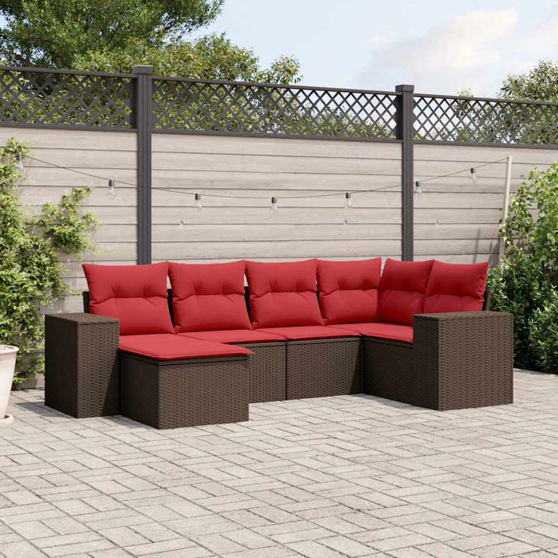 7 Piece Patio Sofa Set With Cushions Brown Poly Rattan, Yes, Red Cushion/Brown Frame
