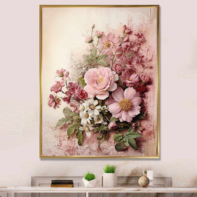 Bouquet de roses roses en fleurs, Cadre flottant doré, H 20 po x l 12 po x P 1 po