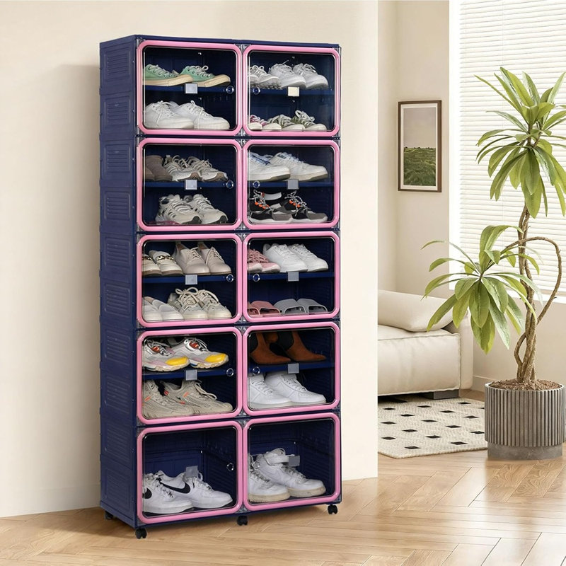 Grande armoire à chaussures pliante, étagère à chaussures en plastique facile à assembler avec porte magnétique transparente, range-chaussures à 9 niveaux, 36 paires, bleu et rose
