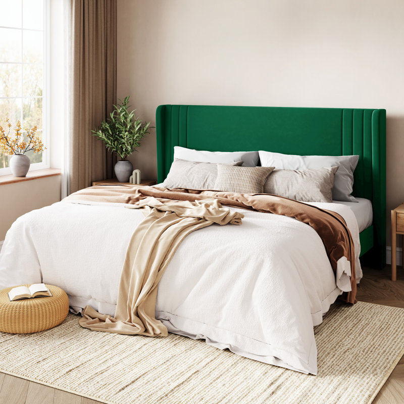 Low-Profile Velvet Upholstered Platform Bed with Wingbacks, Dark Green, King