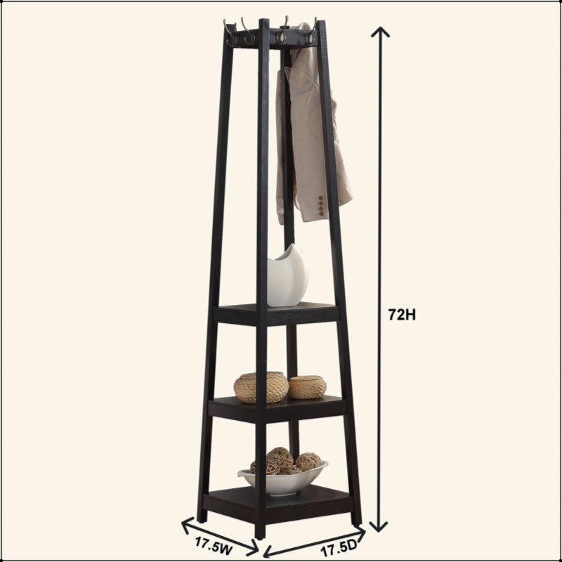 Wood Coat Rack w/ 3-Tier Storage Shelves & Big Hooks, 17.5''x17.5''x72''H for Entryway/Hallway, Black