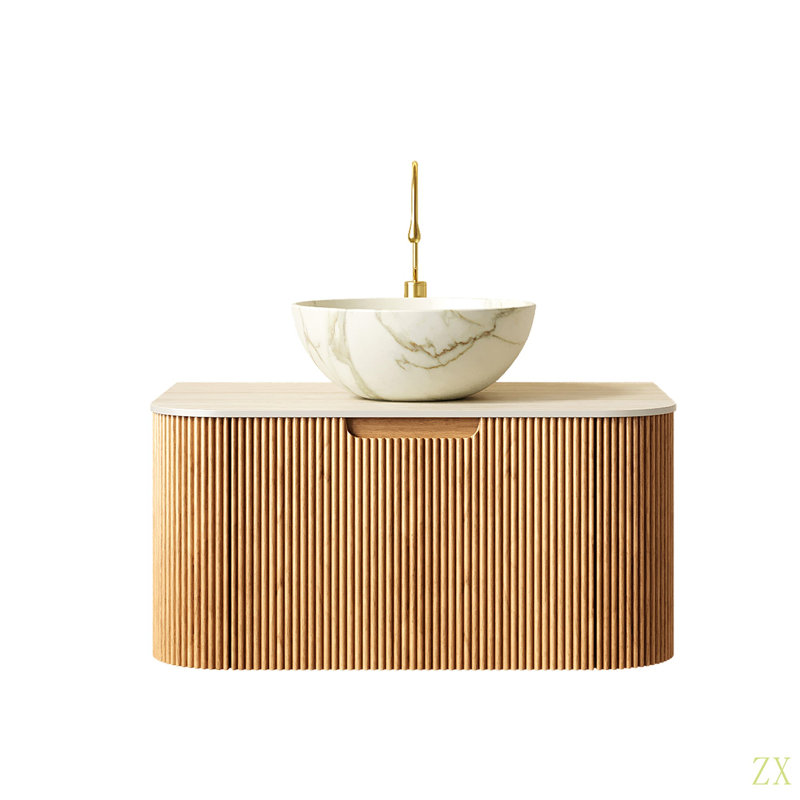 Meuble-lavabo et lavabo pour salle de bain 30 po Dina, armoires de rangement à bordures courbées et flottantes avec tiroir, cuve en céramique mate et plateau en pierre frittée à motif travertin, pré-assemblé