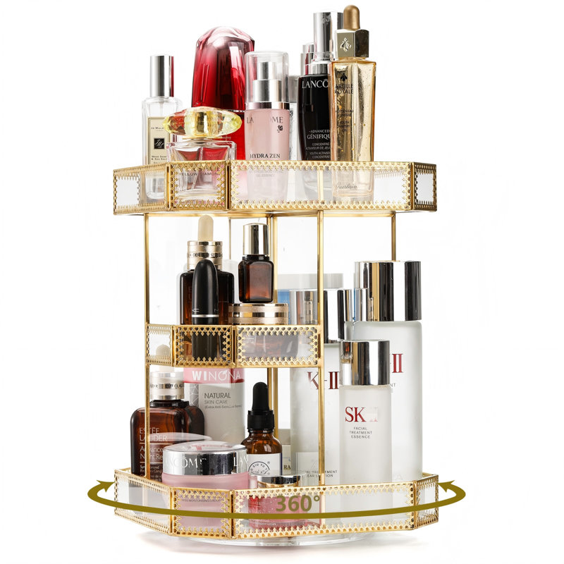 Organisateur de maquillage en verre rotatif à 360 degrés, grand carrousel avec bordure dorée, 1 unité, (doré)