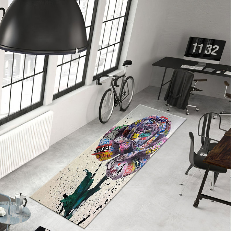Floral Theme Non-Woven Thin Type Printed Rug with Elegant Multicolor Design Ideal for Indoor Use, Rectangle 5'3" x 7'7"