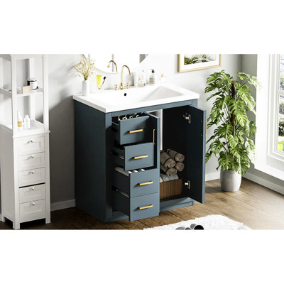 30" Bathroom Vanity With Ceramic Basin - Blue Solid Wood & 3 Drawers For Daily Use Soft Close Doors Stylish Accessory 30'' Sink Construction, Modern Design, 2 Closing Doors, Ample Storage