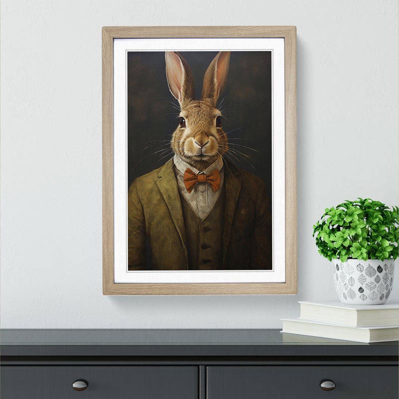 Hare In A Suit No.3 - Single Picture Frame Print on Wood, 64cm H x 46cm W x 2cm D, Oak