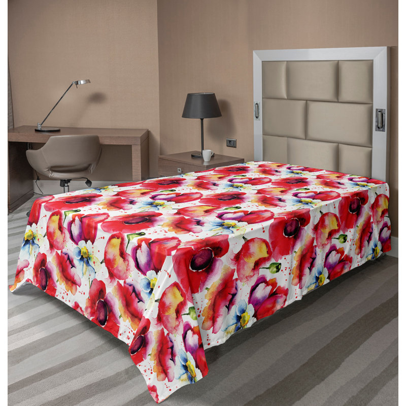 Ambesonne Top Flat Sheet Curving Art, Twin XL Flat Sheet, Blue Red Floral