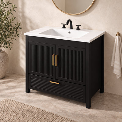 Armoire de meuble-lavabo sur pied 36,10 pouces avec lavabo en résine, 2 portes à fermeture douce et un tiroir à pleine extension, panneaux ondulés ondulés noirs
