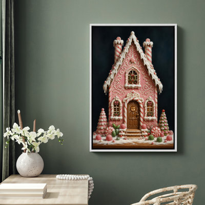 Pink Gingerbread House Candy Christmas Holiday Decor Framed Print Wall Art