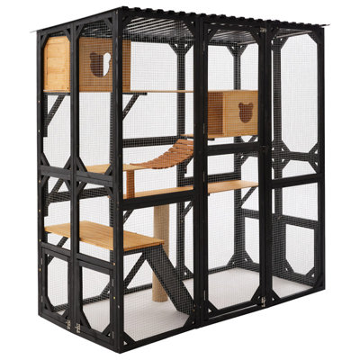70" H Outdoor Cat Enclosure, Multi-Level Fir Wood Catio with 2 Condos, Black/Brown