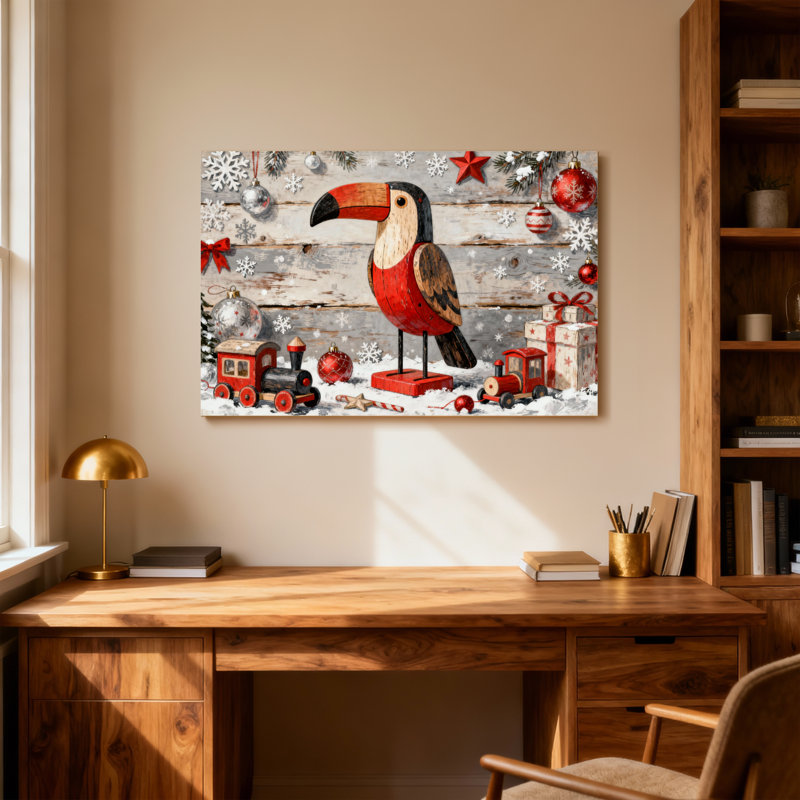 Toucan de Noël en bois et décor de train, H 16 po x l 24 po