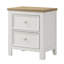Table de chevet contemporaine en bois deux tons avec finition blanche et brune, deux tiroirs de rangement avec quincaillerie à glissière centrale pour le rangement dans la chambre à coucher