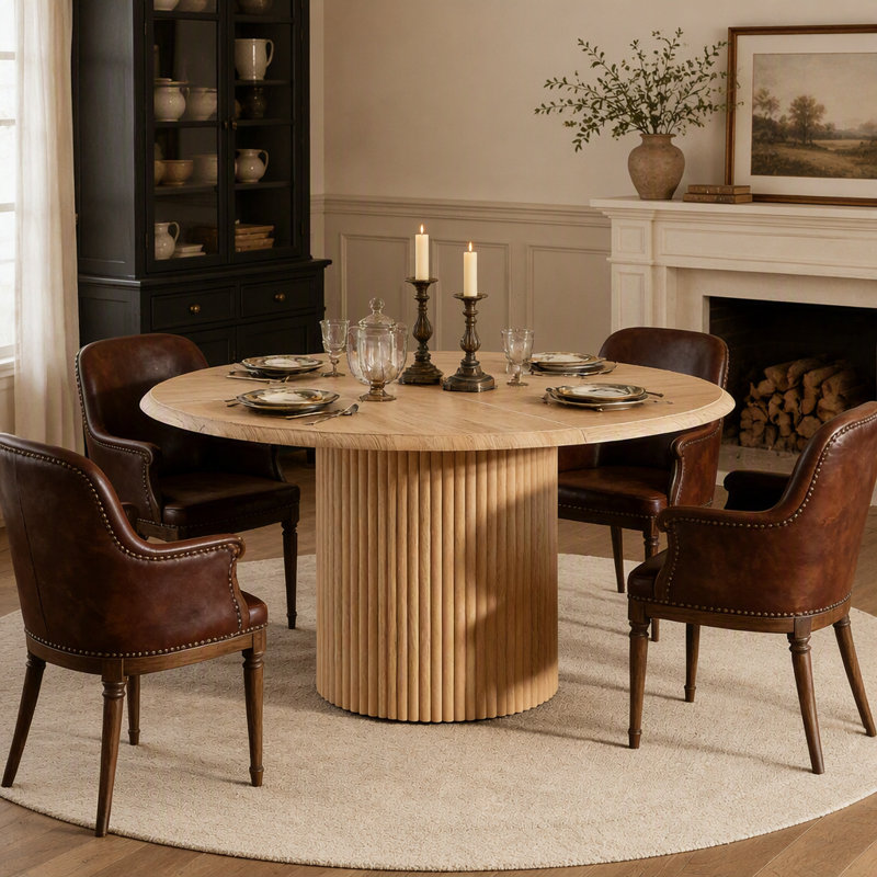 Table de salle à manger ronde avec plateau robuste en panneaux de particules E1 et piètement en métal thermolaqué, idéale pour les repas de famille et les réunions.