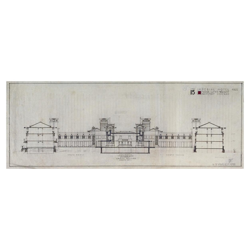 «Imperial Hotel Cross Section (regardant vers l'Ouest)» par Frank Lloyd Wright - Estampe numérique, H 32 po x l 40 po