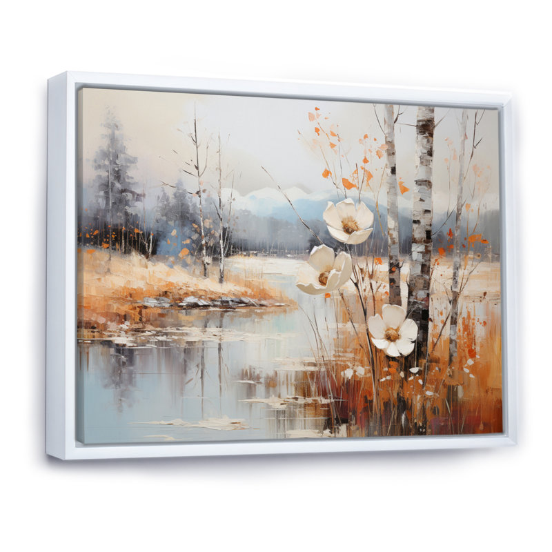 «Snow Flower Charm Evocating» sur toile, H 30 po x l 40 po x P 1,5 po, Cadre flottant blanc