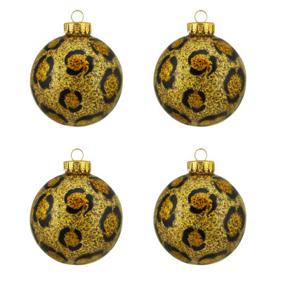Diva Safari Gold Glitter Leopard Animal Print Design Glass Ball Christmas Ornaments 2.5"