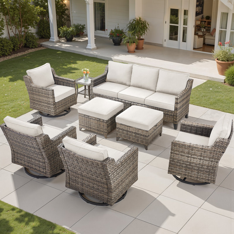 Maelie 8-Piece Patio Conversation Set, Outdoor Wicker Sofa With 4 Swivel Gliders, 2 Ottomans And Side Table, Beige