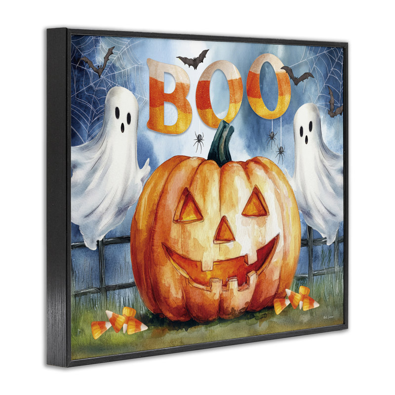 Boo Ghost & Jack-o-Lantern, estampe numérique, design par Nicole DeCamp, H 11 po x l 14 po, Giclée encadrée noir minuit