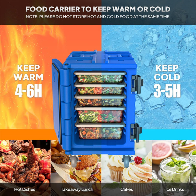 82 QT Blue Insulated Food Pan Carrier with Lockable Wheels