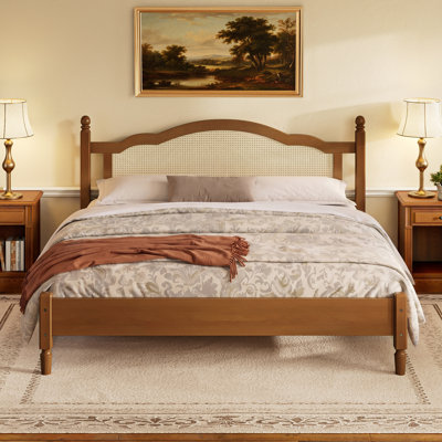 Wooden Platform Bed with Natural Rattan Headboard, Vintage Bed Frame with Wooden Slat Support