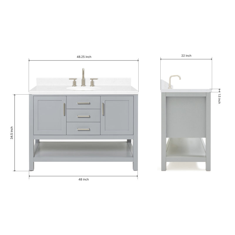 Single Bathroom Vanity with Carrara Quartz Top, Gray, 48"