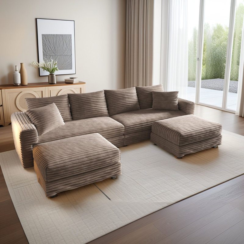 Canapé modulaire 103 po avec conversion de méridienne et 2 coussins décoratifs 103 po, Velours côtelé brun