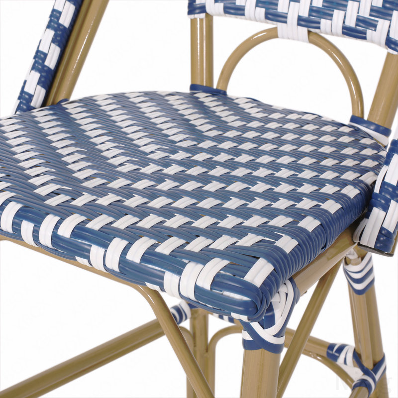 Tabouret de bar 29,5 po en rotin français d'extérieur, bleu marine et blanc, structure en aluminium avec finition en bambou (ensemble de 2)