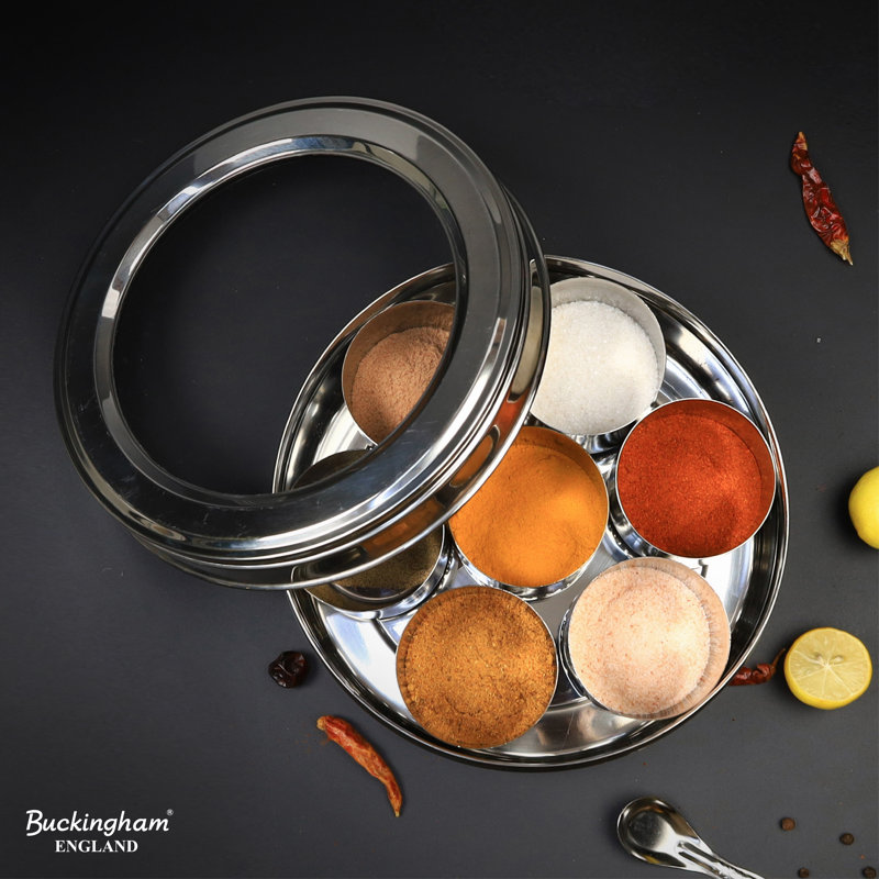 Buckingham Stainless Steel Masala Dabba Indian Spice Box with Airtight Lid , 16 cm 