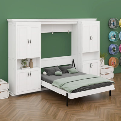 Lit escamotable avec armoires de rangement coulissantes doubles, conception de lit mural caché, deux tablettes latérales à 6 niveaux, système de lit mural à grande capacité pour des maisons modernes et multifonctionnelles