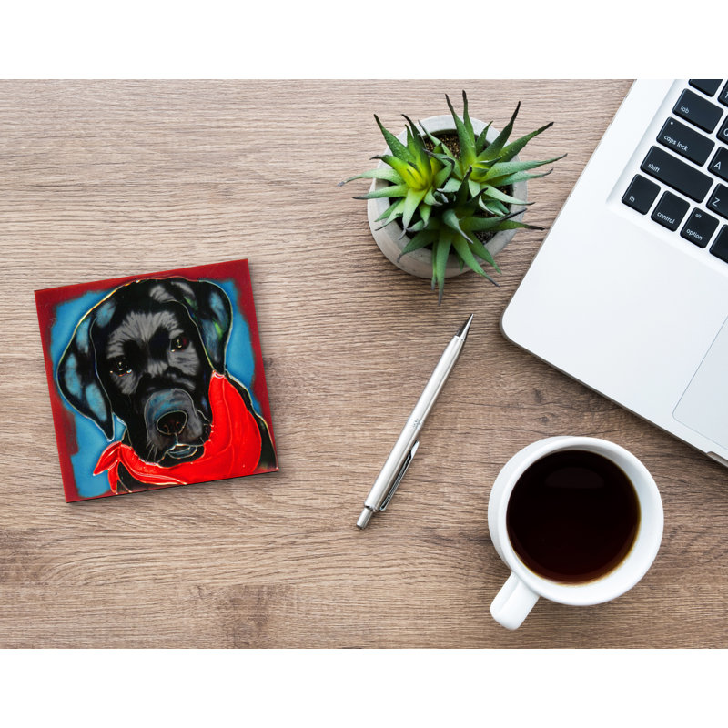 Handcrafted Black Labrador Ceramic Art Tile with Red Scarf
