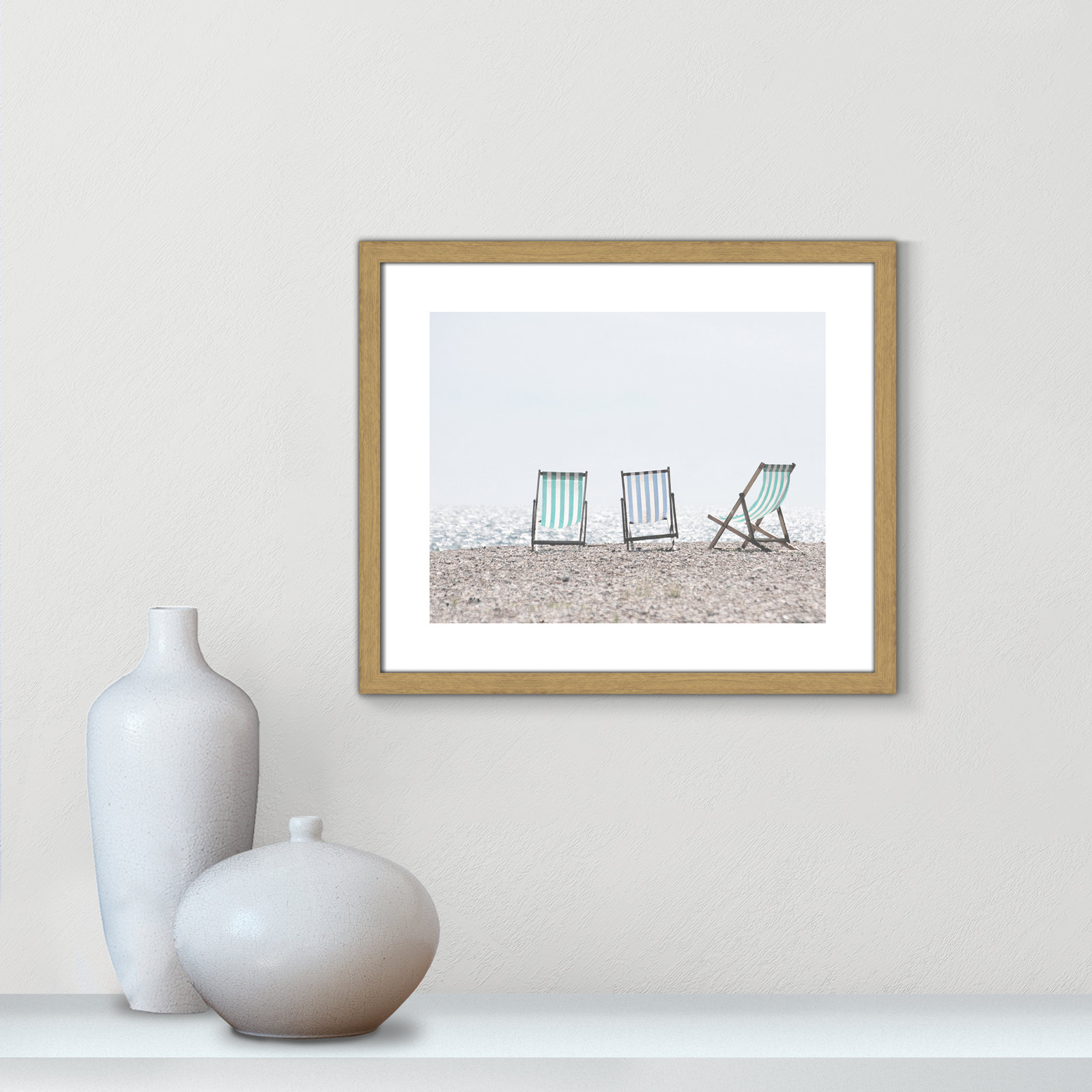 Adriatica "Beach Chairs" Print, 16" H x 19" W x 0.75" D, Natural Wood Grain Framed Paper
