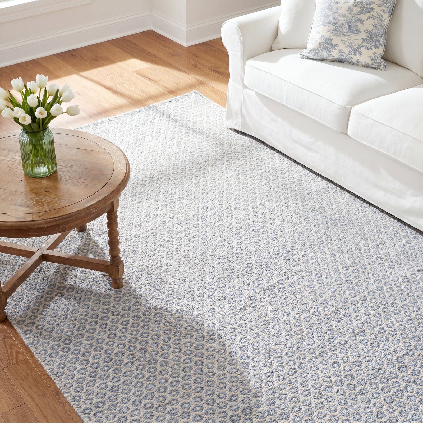 Honeycomb French Blue/Ivory Handwoven Wool Rug, Rectangle 8'6" x 11'6", French Blue/Ivory
