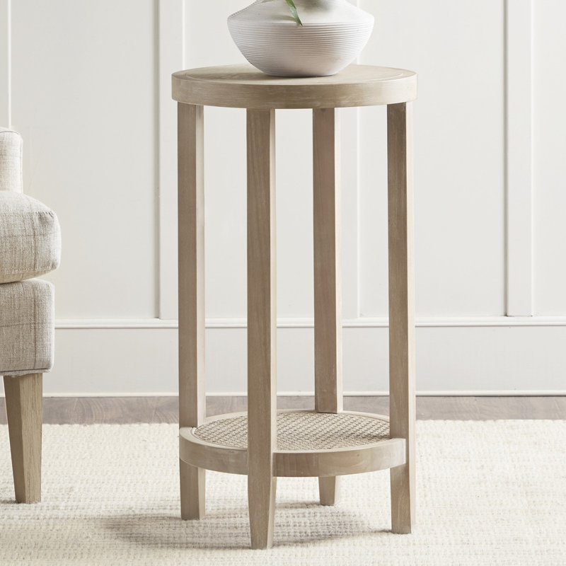 Harley Round Wheat Wood Accent Table with Rattan Shelf