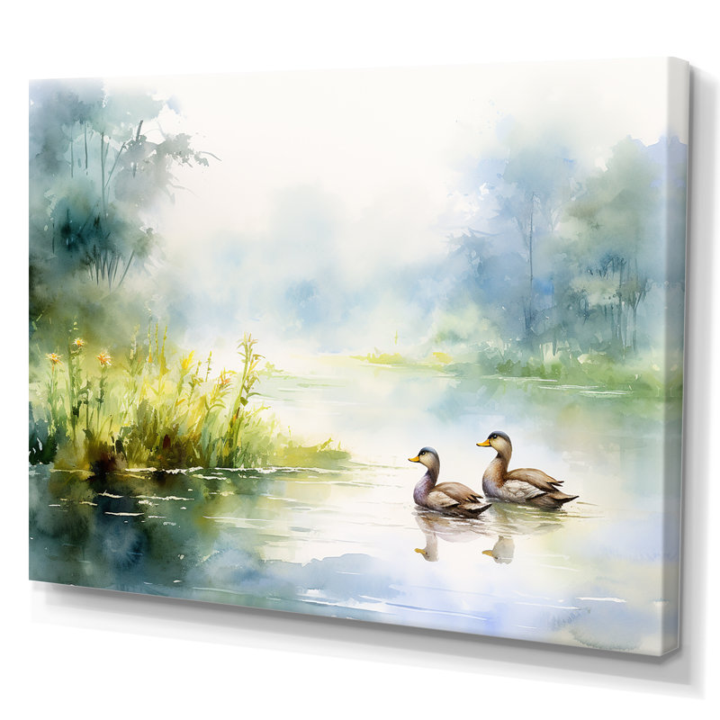 Canards qui nagent à l'aquarelle d'un étang printanier, H 30 po x l 40 po x P 1,5 po, Toile tendue