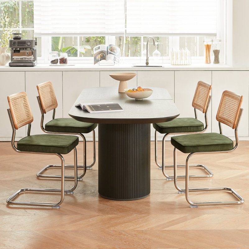 Ensemble de 4 chaises de salle à manger en rotin vert, chaises de cuisine modernes en bois de style Mid-Century, chaise de salle à manger en maille à dossier en filet, chaises design Cesca avec pieds en métal chromé