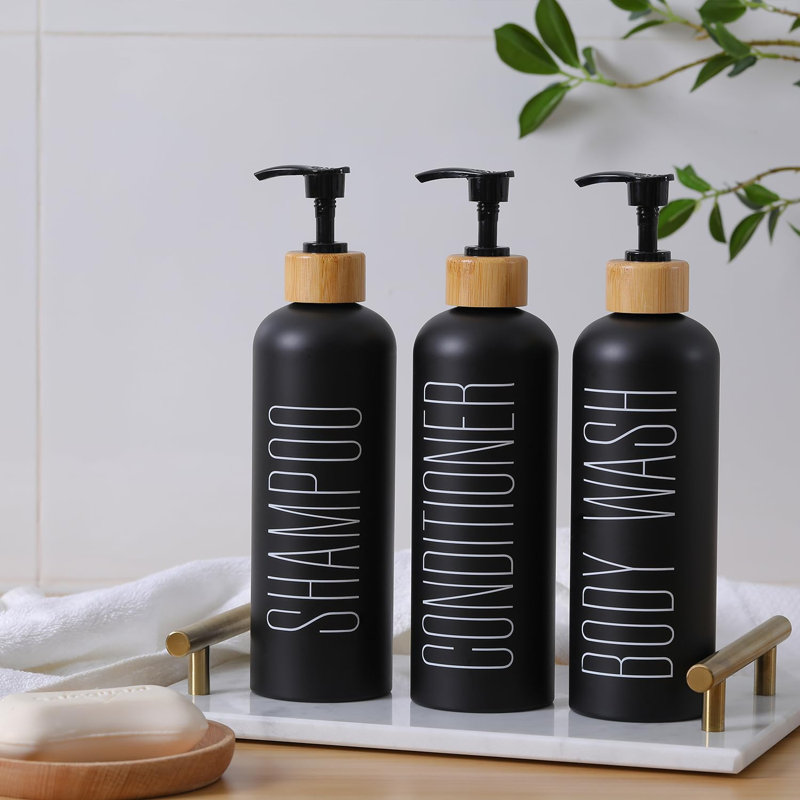 Ensemble de douche noire pour salle de bain rechargeable 16Oz - ensemble de 3 bouteilles vides avec pompe pour shampooing, revitalisant ou nettoyant pour le corps