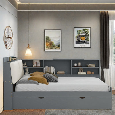Lit plateforme avec lit gigogne, tablettes de rangement, tête de lit tapissier et plateau de rangement rotatif