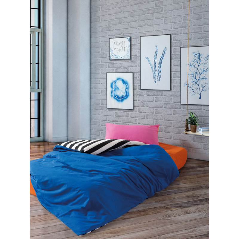 Premium 100% Cotton Ranforce Quilt Cover Set, Blue & White with Black Accents | Includes 63 x 87 Duvet Cover, 39 x 79 Fitted Sheet & 20 x 28 Pillowcase | Reactive Print, Machine Washable, Elegant Design
