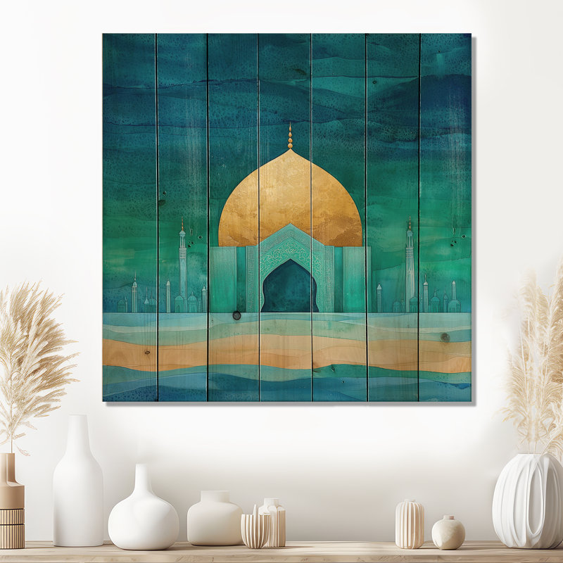 Décoration murale dorée sur bois de pin naturel «Golden Horizon Of Turquoise Dome», H 25 po x l 25 po