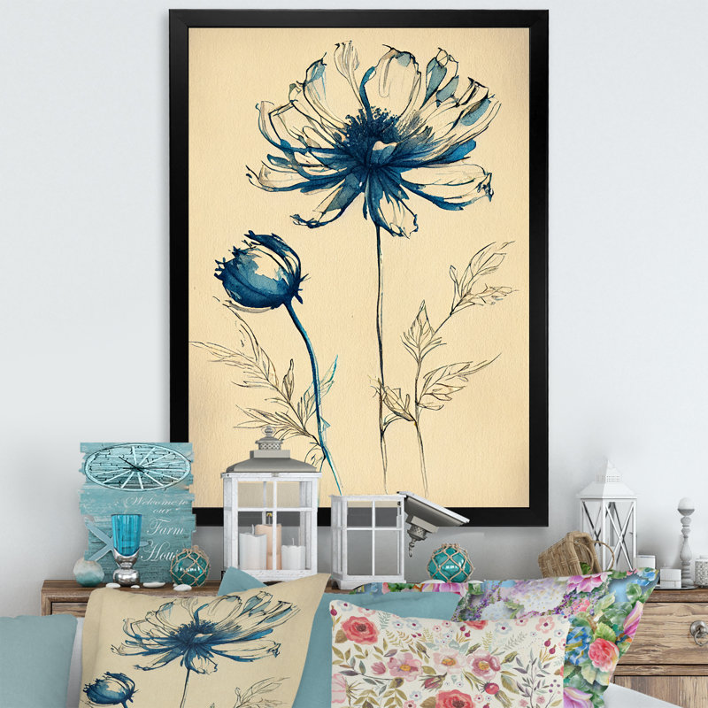 Fleur indigo II - art mural sur toile florale, Impression noire sur toile encadrée, H 20 po x l 12 po x P 1 po