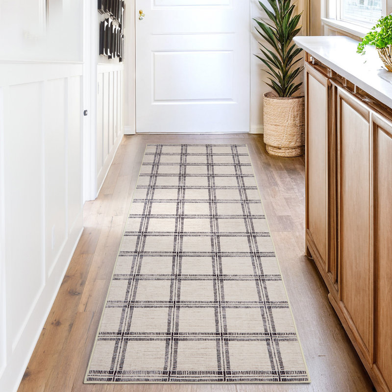 Modern Washable Runner Rug Black Checkered Non-Slip Low Pile Mark Resistant Indoor Floor Mat for Hallway Kitchen Laundry Bedroom Bathroom 2x6ft
