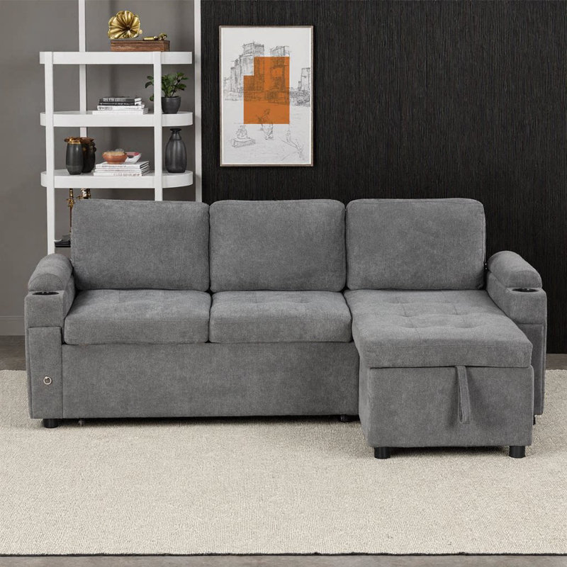 Canapé-lit en L 83,5 po convertible beige avec méridienne réversible, rangement, ports USB et porte-gobelets, Gris