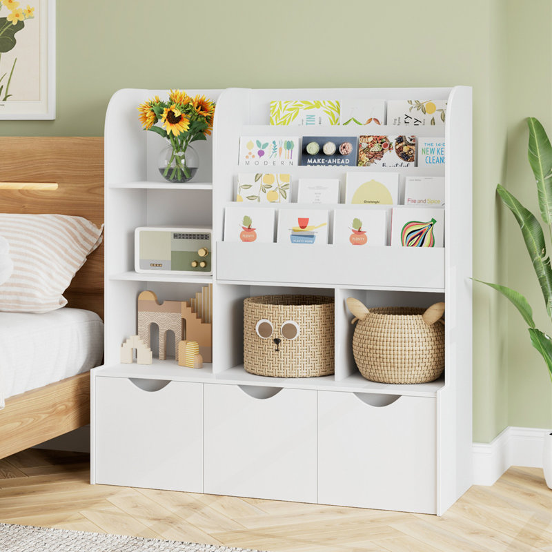 Annyah Toy Storage Organizer with 3 Removable Bins, Baby-Proof Bookshelf for Nursery & Playroom, White