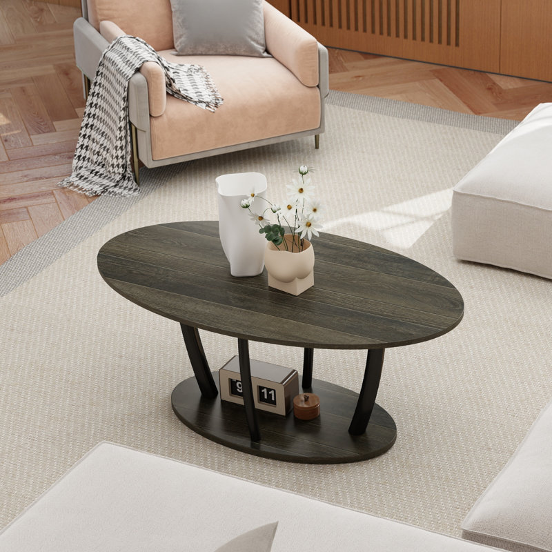 Table basse ovale à 2 niveaux avec rangement central Mandy, Gris / Noir, Gris