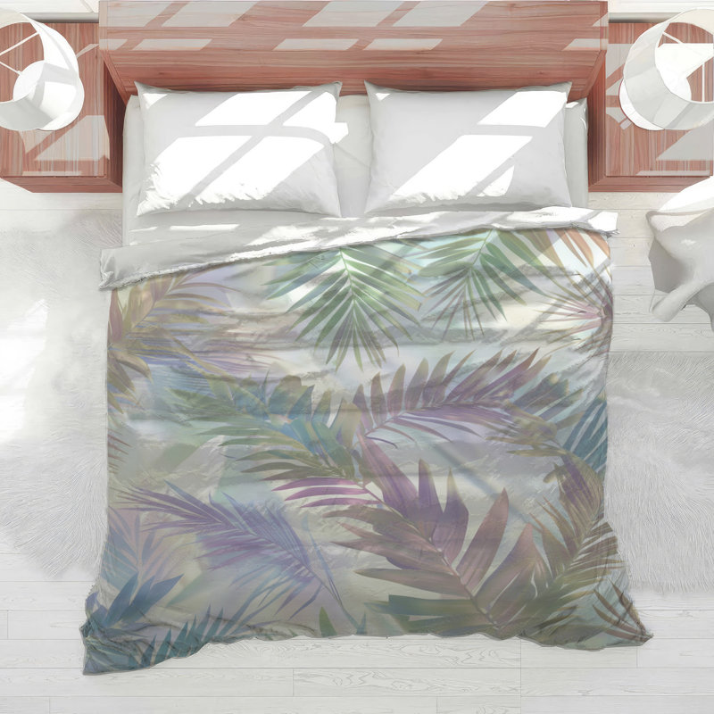 Palm Leaf Shadows Comforter, Queen, Medium Green Light Purple